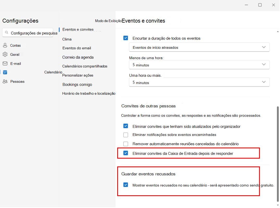 Captura de ecrã a mostrar a preservação de reuniões recusadas no calendário
