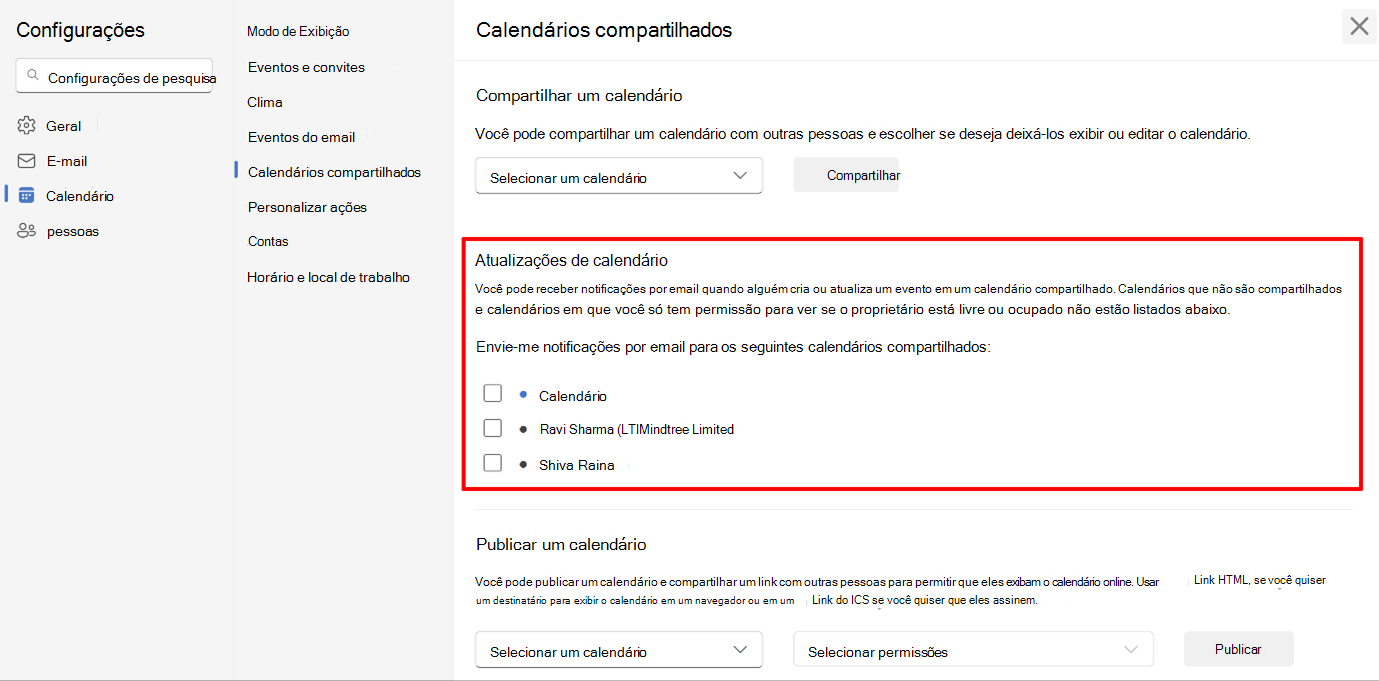 Captura de ecrã que mostra que os utilizadores optam ativamente pelas notificações de calendário