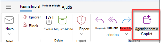 Mostra a barra de ferramentas do Outlook com o botão Agendar com Copilot realçado.