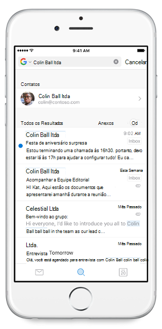 Mostra uma tela do celular, com a barra de pesquisa na parte superior e um nome digitado nela. Os resultados da pesquisa estão abaixo da barra de pesquisa.
