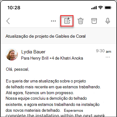 Ícone do Copilot para resumir o thread de email no iOS e no Android.