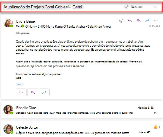 Clique em Resumir para obter um resumo do thread de email por Copilot.