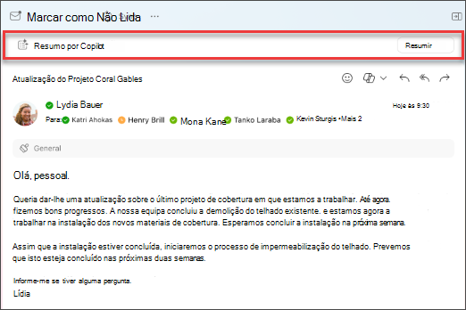 Selecione resumir para o Copilot criar um resumo de um thread de email.