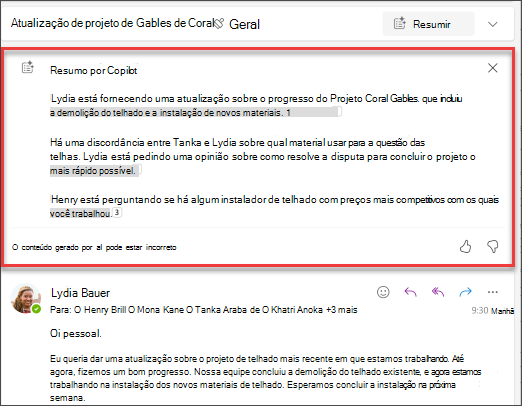 Resumo do tópico de email com citações criado pelo Copilot.