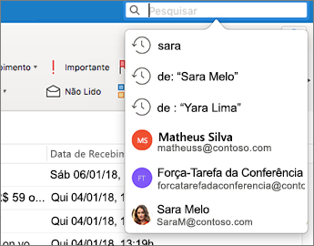 Lista de mensagens em segundo plano e caixa Pesquisar em primeiro plano