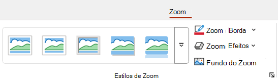 A guia Zoom na faixa de opções no PowerPoint inclui opções de formatação, como borda e plano de fundo.
