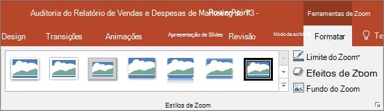 Mostra os diferentes Estilos de Zoom e efeitos que você pode escolher na guia Formatar no PowerPoint.