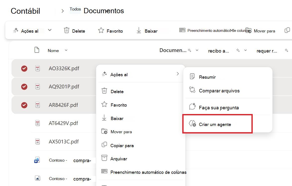 Captura de ecrã a mostrar o botão para criar um agente a partir do menu de contexto de seleção de ficheiros ou pastas