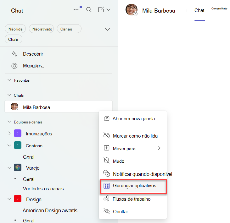 Captura de tela do gerenciamento de aplicativos em um chat do Teams