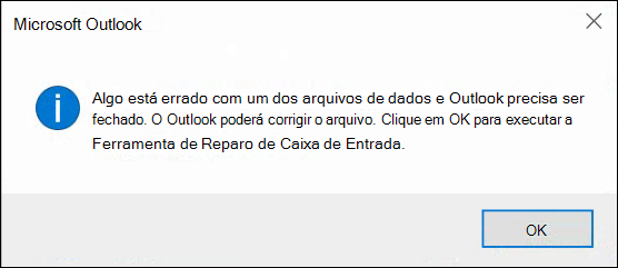 Algo está errado com um dos arquivos de dados e o Outlook precisa ser fechado.