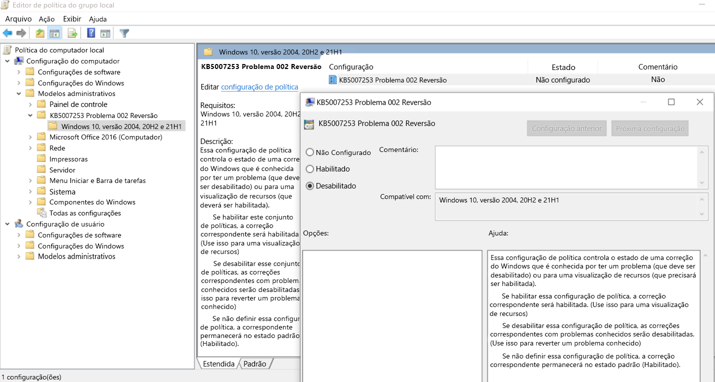 Reversão KB5007253 do editor de política de grupo local