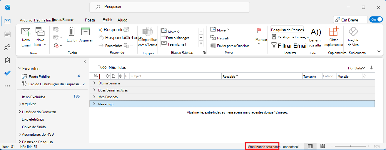Caixa de correio compartilhada do Outlook com Atualização desta mensagem de pasta circulada em uma caixa vermelha