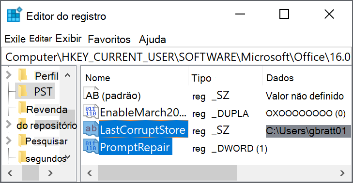 Configurações do registro para excluir LastCorruptStore PromptRepair=dword:00000001