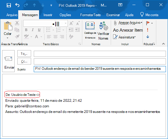 No corpo do email, o endereço de email do remetente da mensagem original está ausente