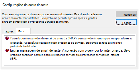 Captura de tela da janela Configurações da Conta de Teste Guia Erros - IMAP