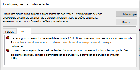 Captura de tela da janela Configurações da Conta de Teste Guia Erros - POP3