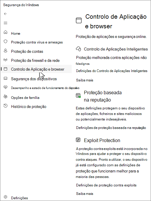 Captura de ecrã da página de controlo da aplicação e do browser da aplicação Segurança do Windows.