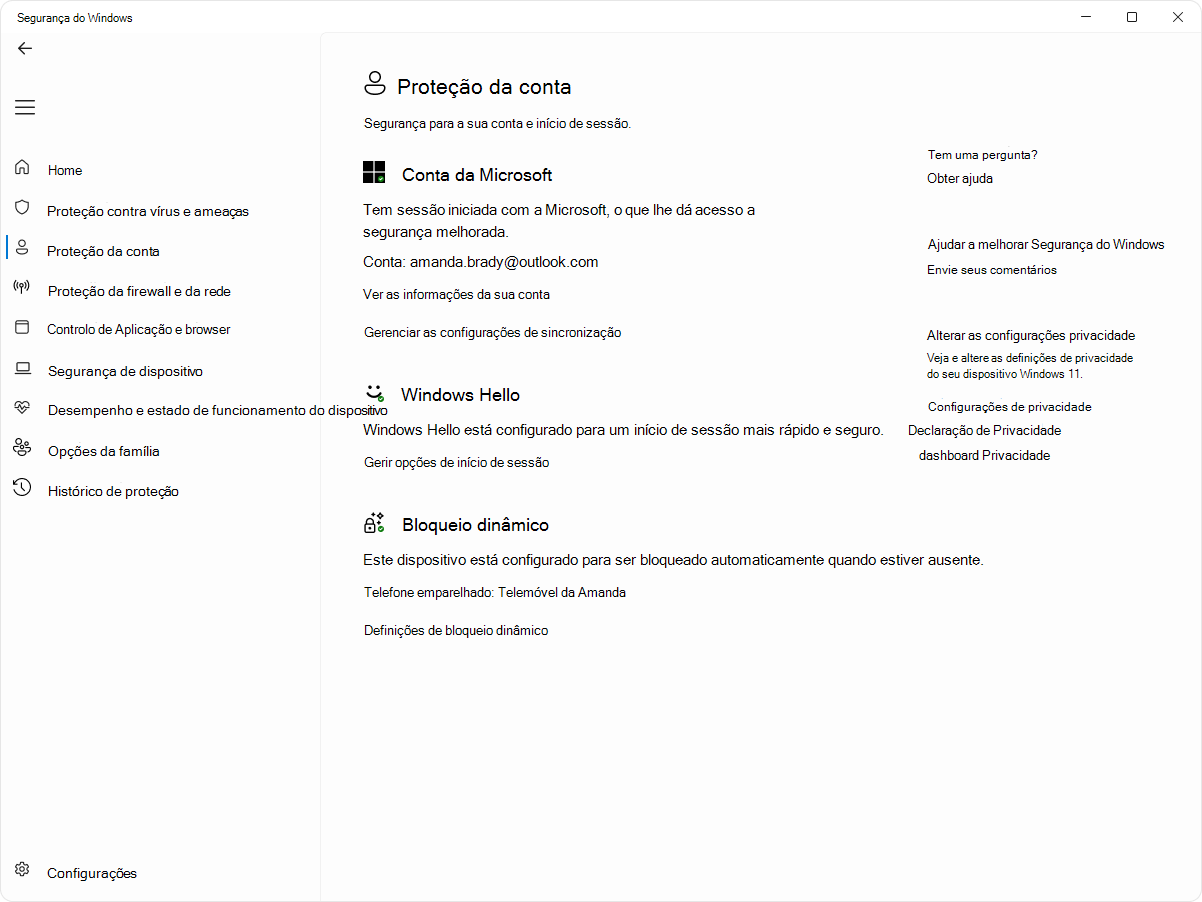 Captura de ecrã da página de proteção de conta da aplicação Segurança do Windows.