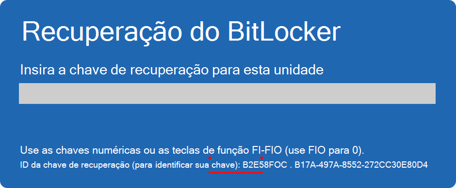 Captura de ecrã do ecrã de recuperação BitLocker a realçar o ID da chave.