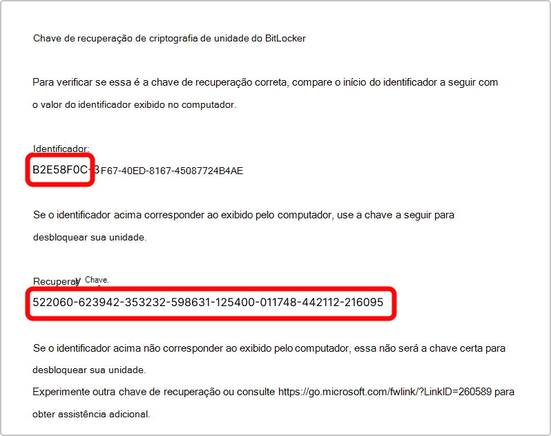 Captura de ecrã a mostrar a impressão da chave de recuperação BitLocker.
