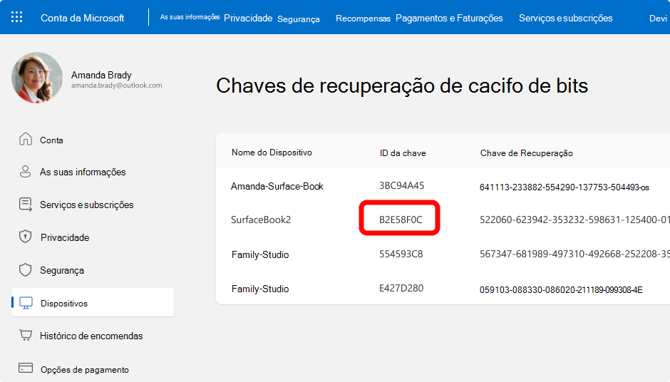 Captura de ecrã a mostrar as chaves de recuperação bitLocker de uma conta Microsoft.