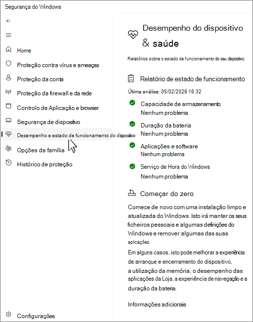 Captura de tela do dispositivo e da página de desempenho do aplicativo Segurança do Windows.