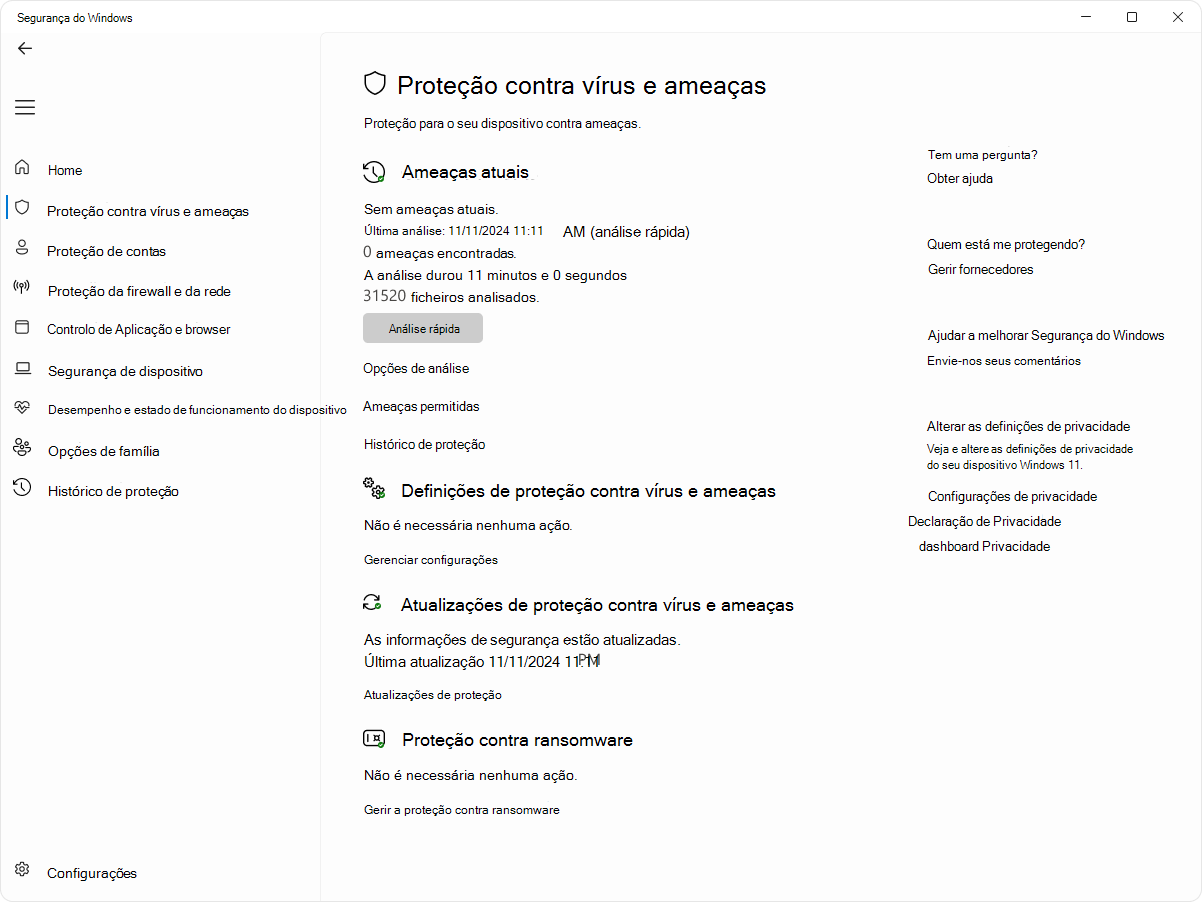 Captura de ecrã da página proteção contra vírus e ameaças da aplicação Segurança do Windows.