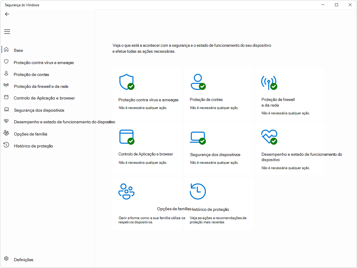 Captura de tela do painel Segurança do Windows - Página inicial.