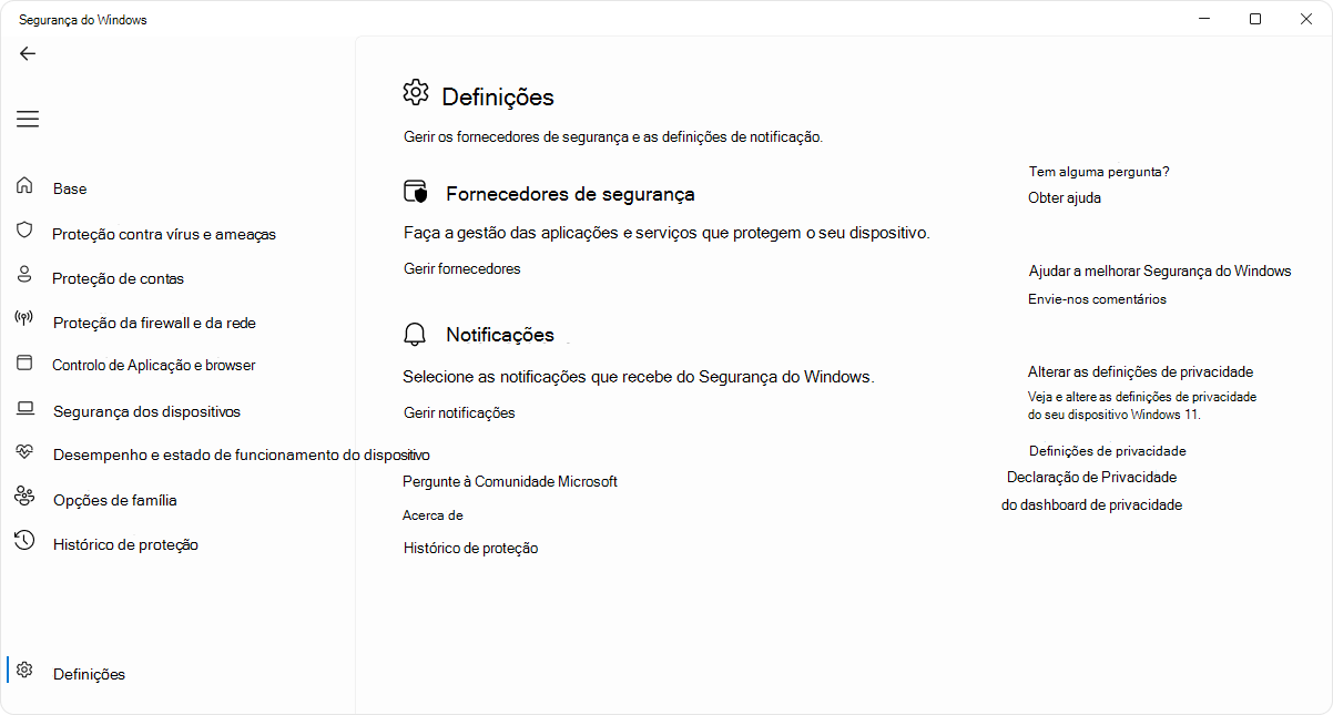 Captura de ecrã da página de definições da aplicação Segurança do Windows.
