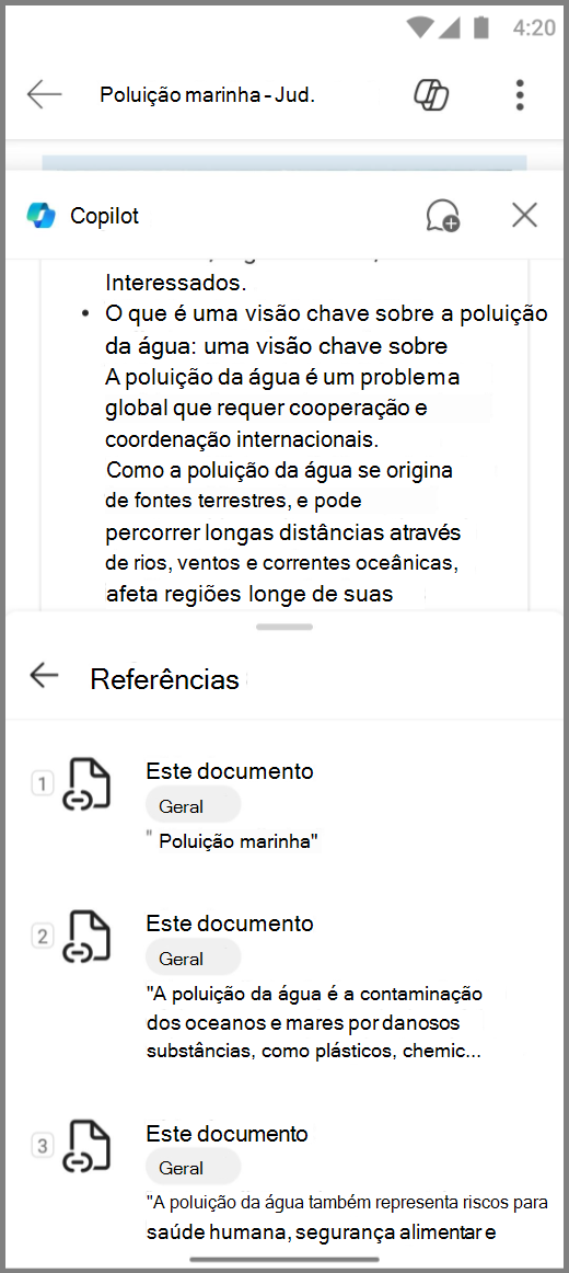 Captura de ecrã do Copilot no Word no dispositivo Android com a resposta Referências para Copilots