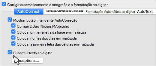 Word para mac substituir texto conforme você digitar caixa de seleção.