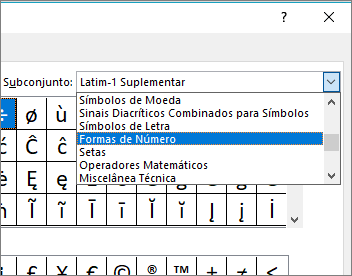 Selecione Formas de número na caixa de diálogo Subconjunto para mostrar frações e outros símbolos matemáticos