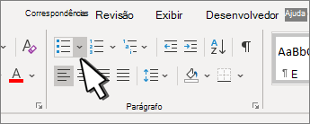 A seta para baixo das balas realçada no grupo Parágrafo.
