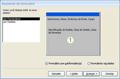 Captura de tela que mostra a página de subformação do Assistente de Formulário