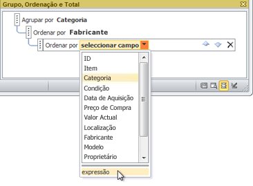 Escolhendo a opção de expressão no painel Agrupar, Classificar e Total.