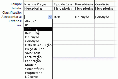 Lista suspensa na linha Acrescentar a