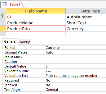 Regra de validação de campo exibida no designer de tabela do Access