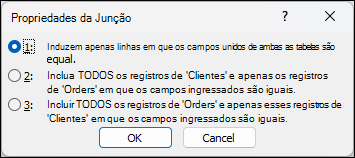 Caixa de diálogo Propriedades da Associação no Access apresentada com três opções de associações. é selecionada a primeira opção que indica apenas as linhas em que os campos associados de ambas as tabelas são iguais.