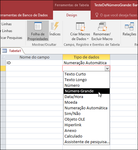 Captura de ecrã da lista de tipos de dados numa tabela do Access. O Número Grande está selecionado.