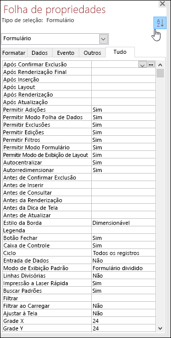 Captura de ecrã da folha de propriedades do Access com propriedades ordenadas alfabeticamente