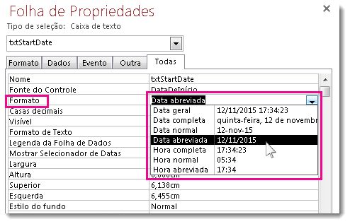 Uma imagem da Folha de Propriedades mostrando a lista suspensa Formato.