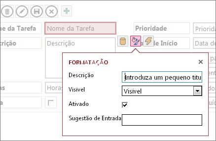 Uma exibição no modo de Edição, mostrando as configurações de Formatação para uma caixa de texto.