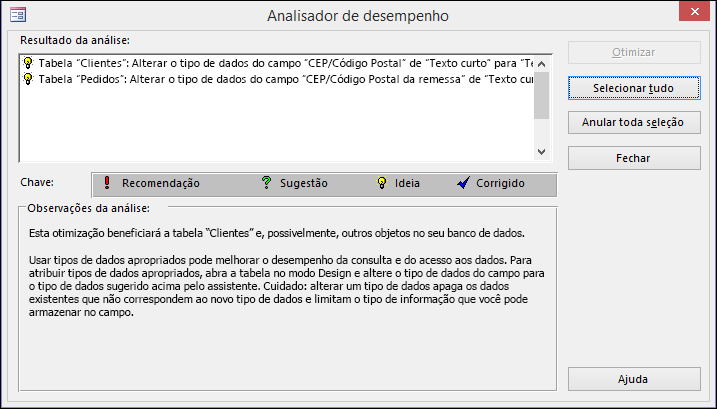 Caixa de diálogo de resultados do Performance Analyzer após execução no banco de dados do Access.