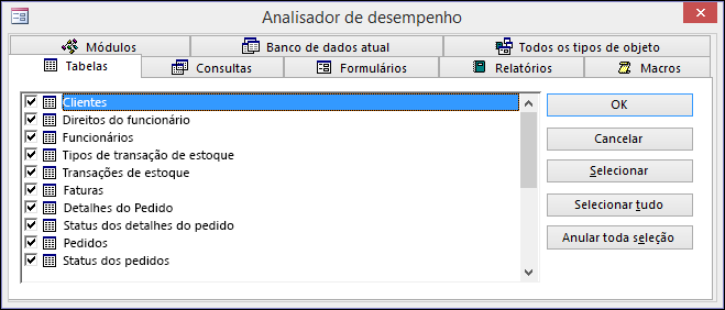 A caixa de diálogo Analisador de desempenho no Access