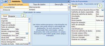 Folhas de propriedades de tabela e de campo
