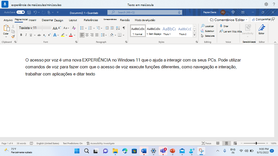 Word documento mostrando o comando de acesso de voz Uppercase.