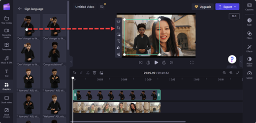 Uma captura de ecrã da página do editor clipchamps com uma ação de arrastar e largar do avatar selecionado para o local no palco onde pretende colocá-la.