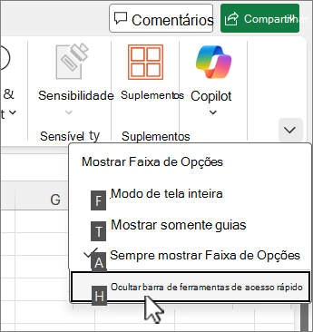 Comando teclado para ocultar a barra de ferramentas de acesso rápido