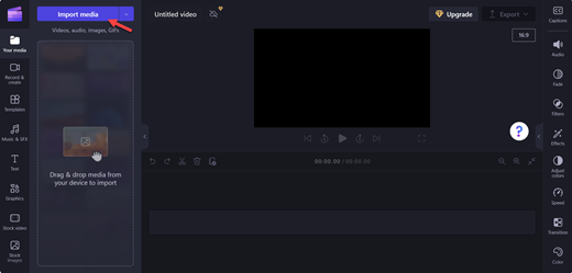 Uma captura de ecrã de uma página Clipchamp editores com um ponteiro no botão Importar multimédia
