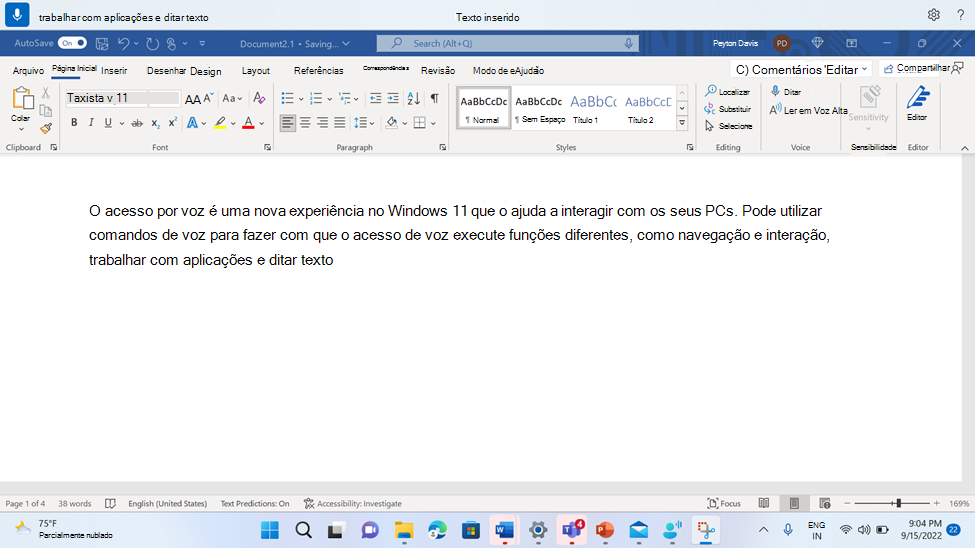 Word documento mostrando o comando de acesso à voz para inserir texto.